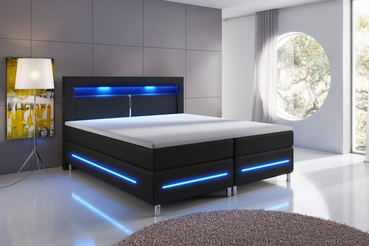 Sänkypaketti Pisa Lyx 180x200 LED Sängynpääty Keinonahka - Musta - Jenkkisängyt - Sänkypaketti