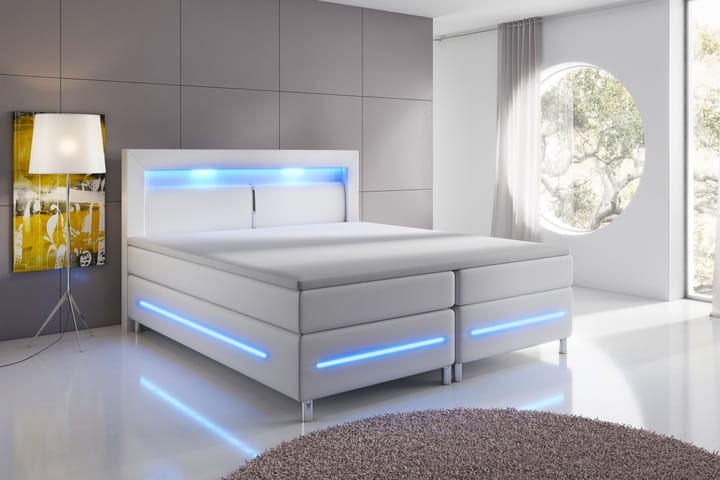 Sänkypaketti Pisa Lyx 180x200 LED Sängynpääty Keinonahka - Valkoinen - Jenkkisängyt - Sänkypaketti