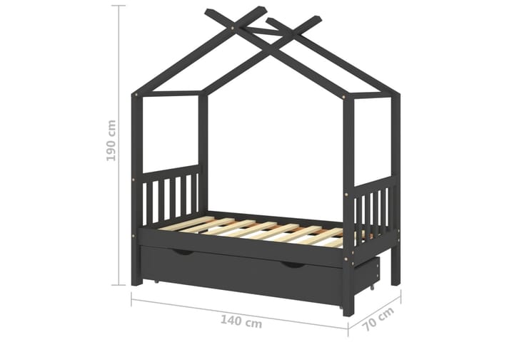 Lasten sängynrunko laatikolla t.harmaa täysi mänty 70x140 cm - Talosänky