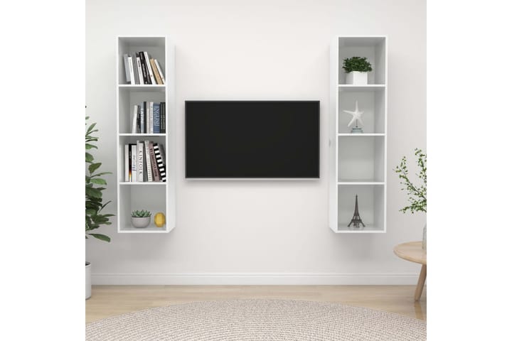 Seinäkiinnitettävät TV-tasot 2 kpl valk. lastulevy - Valkoinen - Tv taso & Mediataso