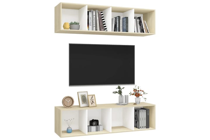 Seinäkiinnitettävät TV-tasot 2 kpl valk./Sonoma-tammi - Beige - Tv taso & Mediataso