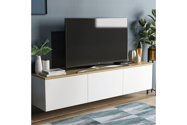 TV-taso 160 cm 3 kaappia - Valkoinen/Luonnonväri - Tv taso & Mediataso