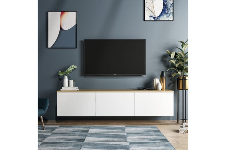TV-taso 160 cm 3 kaappia - Valkoinen/Luonnonväri - Tv taso & Mediataso