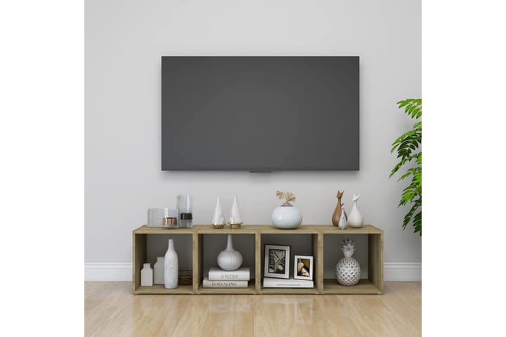 TV-tasot 2 kpl valkoinen ja Sonoma-tammi 37x35x37 cm - Beige - Tv taso & Mediataso