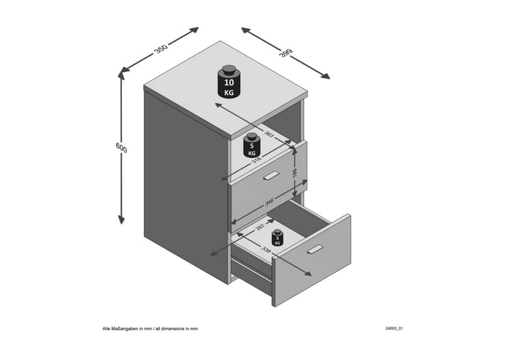 FMD Yöpöytä 2 laatikkoa ja avoin hylly korkeakiilto valkoine - Valkoinen - Yöpöytä