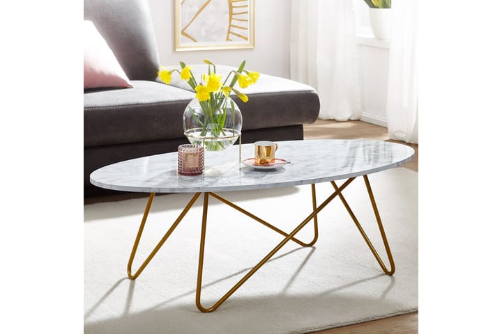 Sohvapöytä Clanton 120 cm Soikea - Valkoinen/Kulta - Marmoripöydät - Sohvapöytä