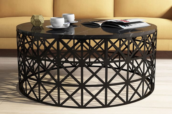 Sohvapöytä Sipila 90 cm Pyöreä Marmorikuvio - Musta - Marmoripöydät - Sohvapöytä