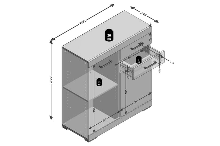 FMD Lipasto 2 ovella ja 2 laatikolla 80x34,9x89,9 cm - Harmaa - Eteisen säilytys - Lipasto