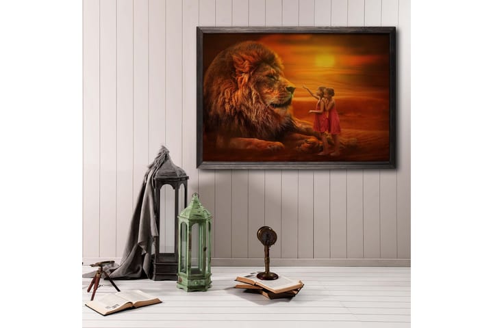 Girls Looking At Lion Kuva Orange - 70x50 cm - Eläin juliste - Juliste