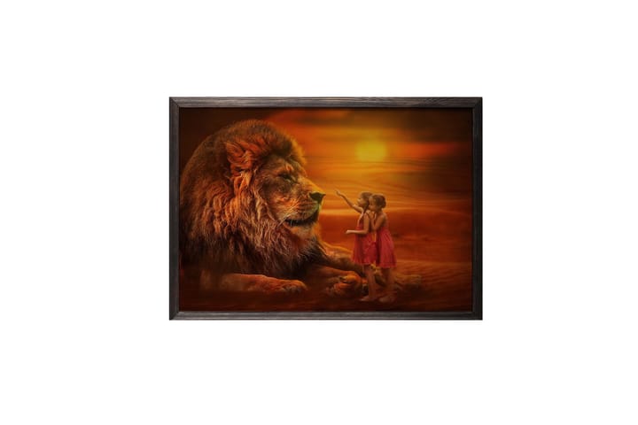 Girls Looking At Lion Kuva Orange - 70x50 cm - Eläin juliste - Juliste