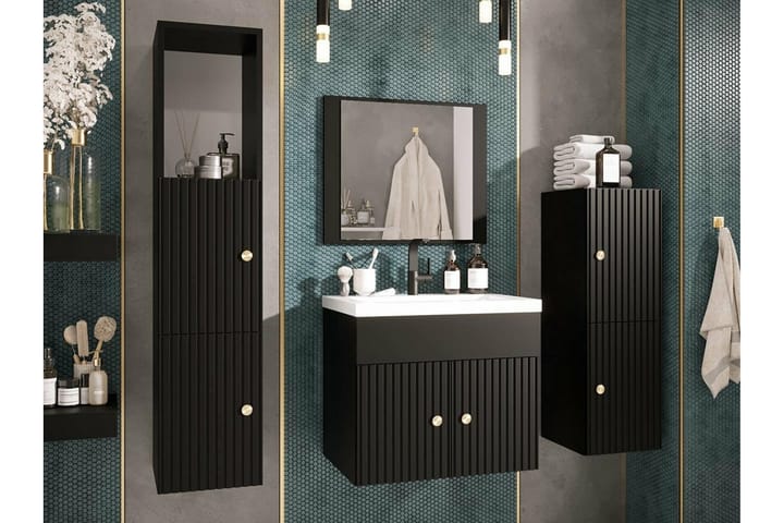 Korkea Kylpyhuonekaappi Dunvegan 90 cm - Musta - Kylpyhuoneekaappi valaistuksella - Seinäkaappi & korkea kaappi - Pyykkikaappi - Kylpyhuonekaapit